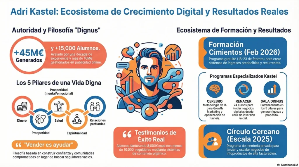 Infografía del ecosistema de Crecimiento Digital y Resultados Reales de Adri Kastel. Creado por Note